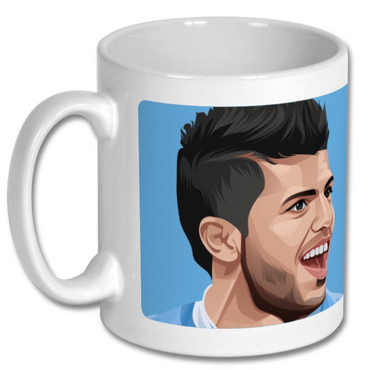 Retrotext Manchester City ceramic mug featuring a vibrant illustration of Sergio Aguero on a light blue background.