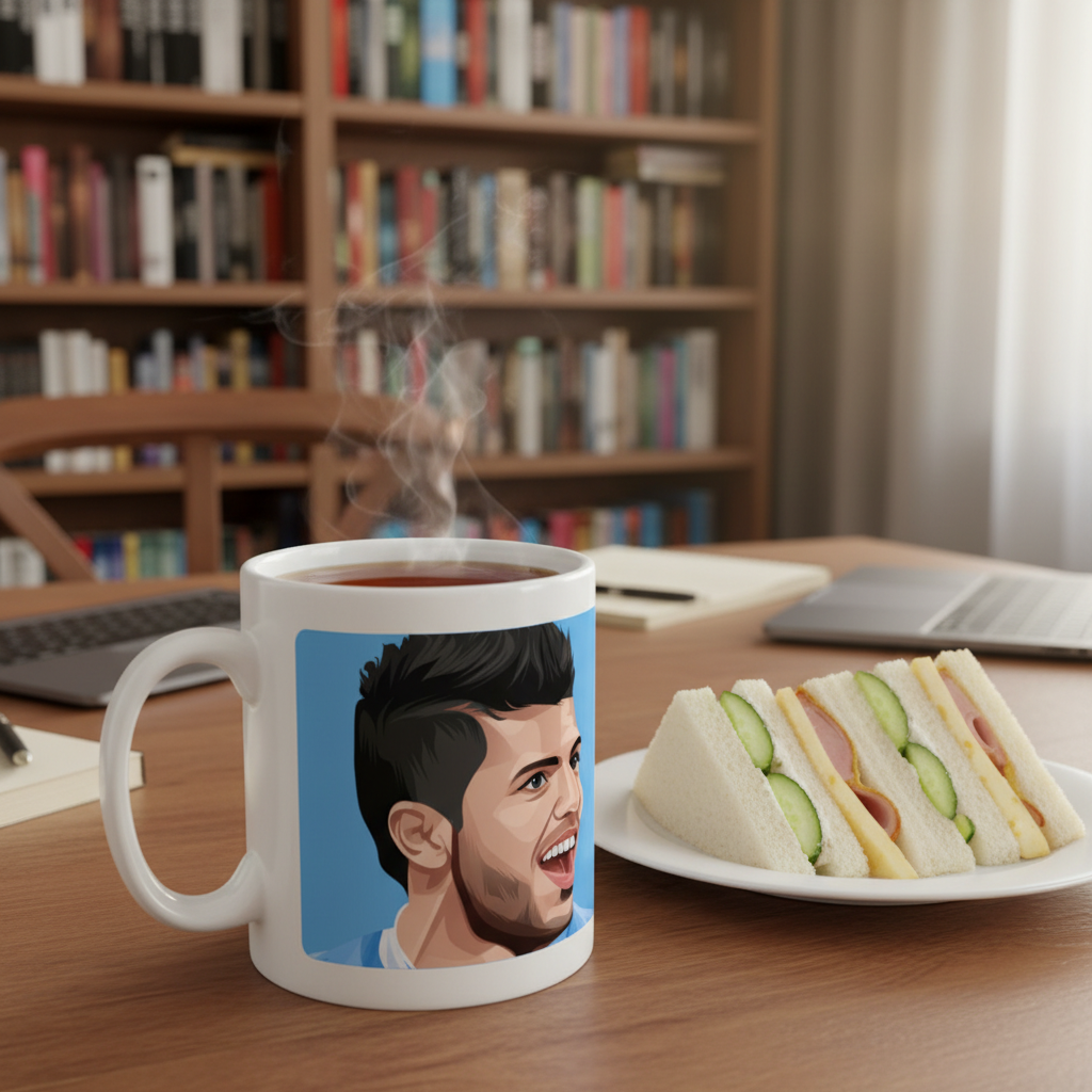 Retrotext Manchester City Sergio Aguero 2012 Premier League champion illustration on a glossy white 11oz ceramic mug