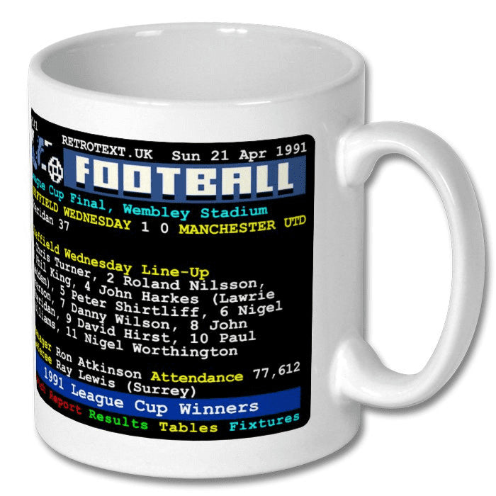 Retrotext Sheffield Wednesday 1991 League Cup Winners white ceramic mug featuring a vintage football teletext design.