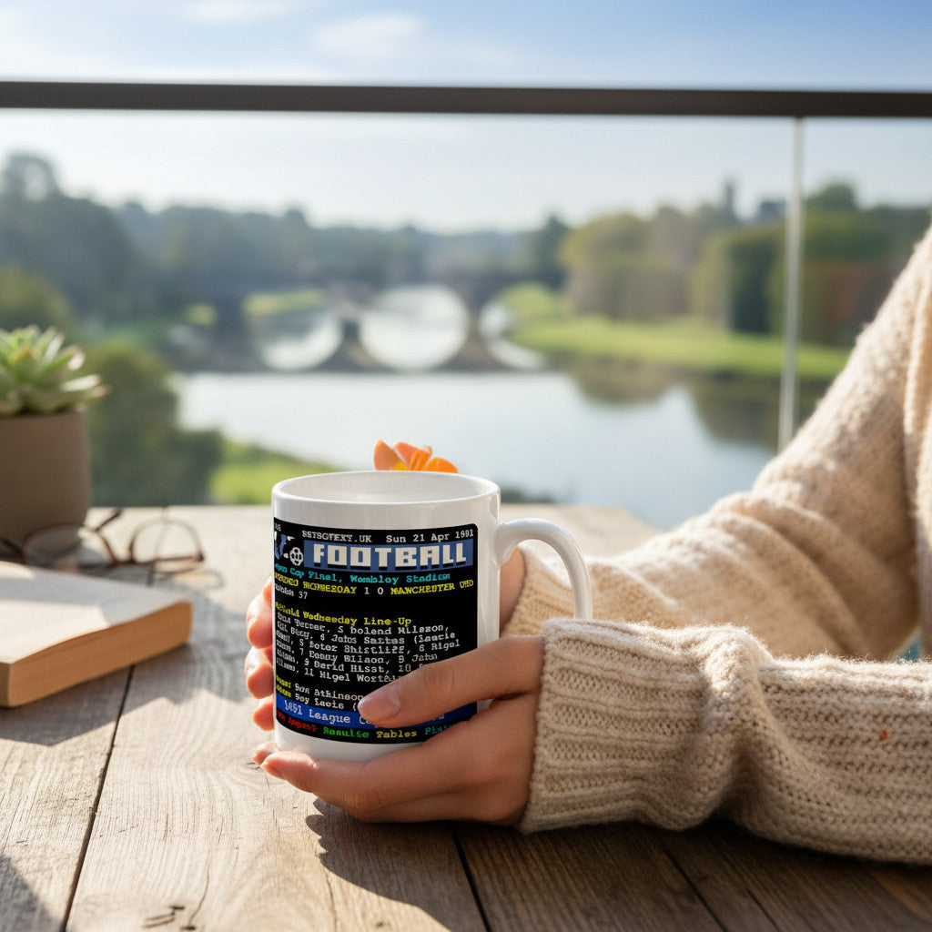 Retrotext Sheffield Wednesday 1991 League Cup winners teletext mug held by a person on a sunny outdoor patio.