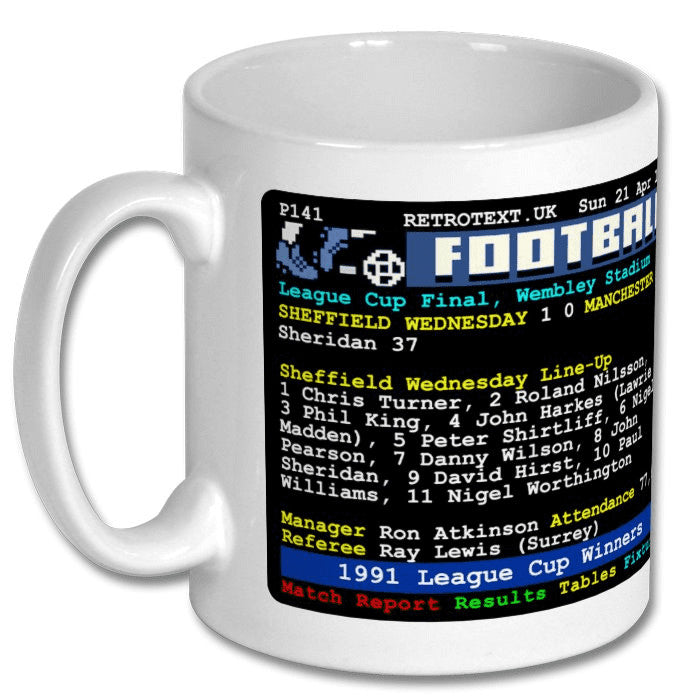 Retrotext Sheffield Wednesday 1991 League Cup Winners Teletext design on a glossy white 11oz ceramic mug