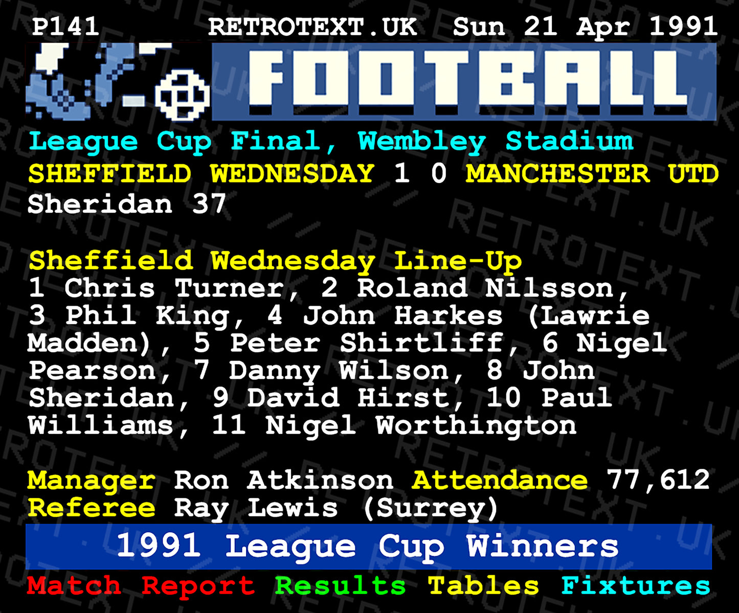 Retrotext Sheffield Wednesday 1991 League Cup Winners mug featuring a vintage teletext football match report design.