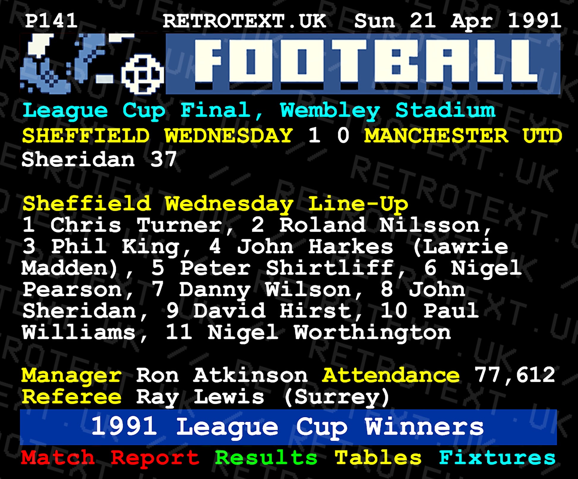 Retrotext Sheffield Wednesday 1991 League Cup Winners mug featuring a vintage teletext football match report design.