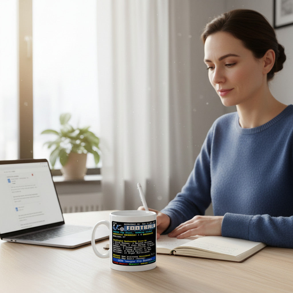 Retrotext Sheffield Wednesday 1991 League Cup winners teletext mug on a desk next to a laptop and notebook