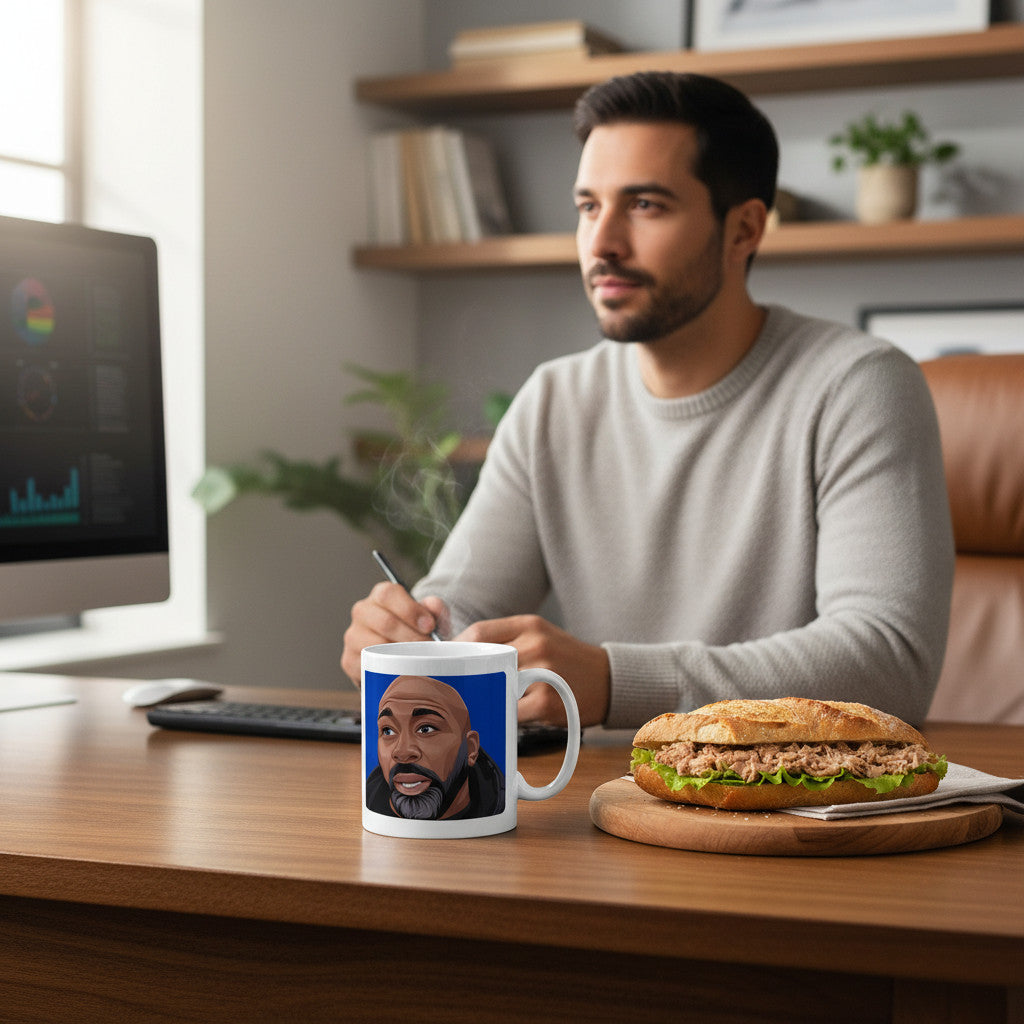 Retrotext glossy white 11oz mug featuring a Darren Moore illustration on a desk next to a tuna sandwich