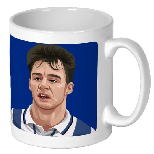 Retrotext Sheffield Wednesday 1991 League Cup winners mug featuring a graphic illustration of John Sheridan