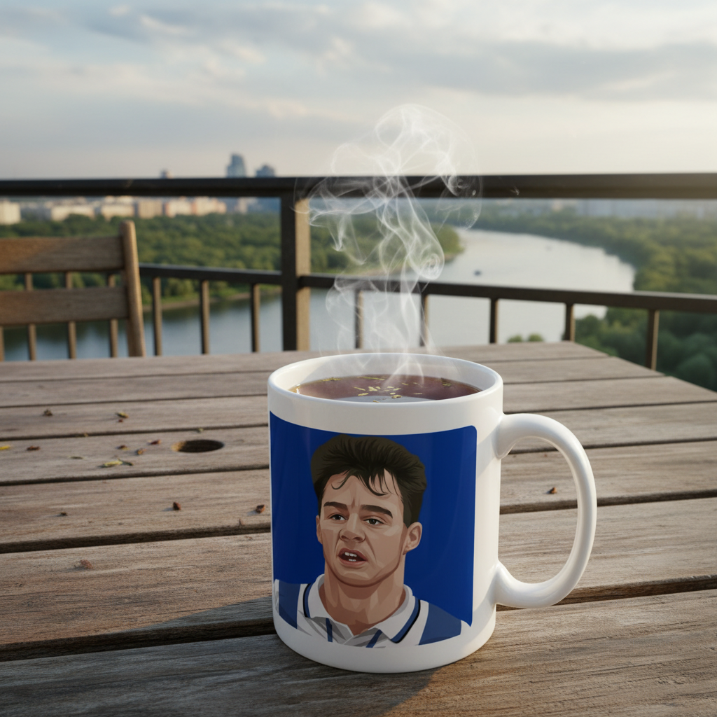 Retrotext Sheffield Wednesday 1991 League Cup John Sheridan mug with glossy white finish on a wooden outdoor table