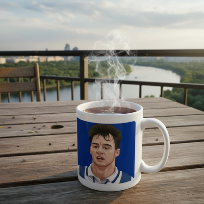 Retrotext Sheffield Wednesday 1991 League Cup John Sheridan mug with glossy white finish on a wooden outdoor table
