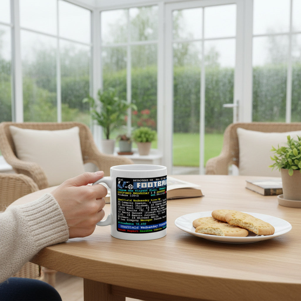 Retrotext Sheffield Wednesday 2023 Playoff Final winners mug with Darren Moore teletext design held in a hand
