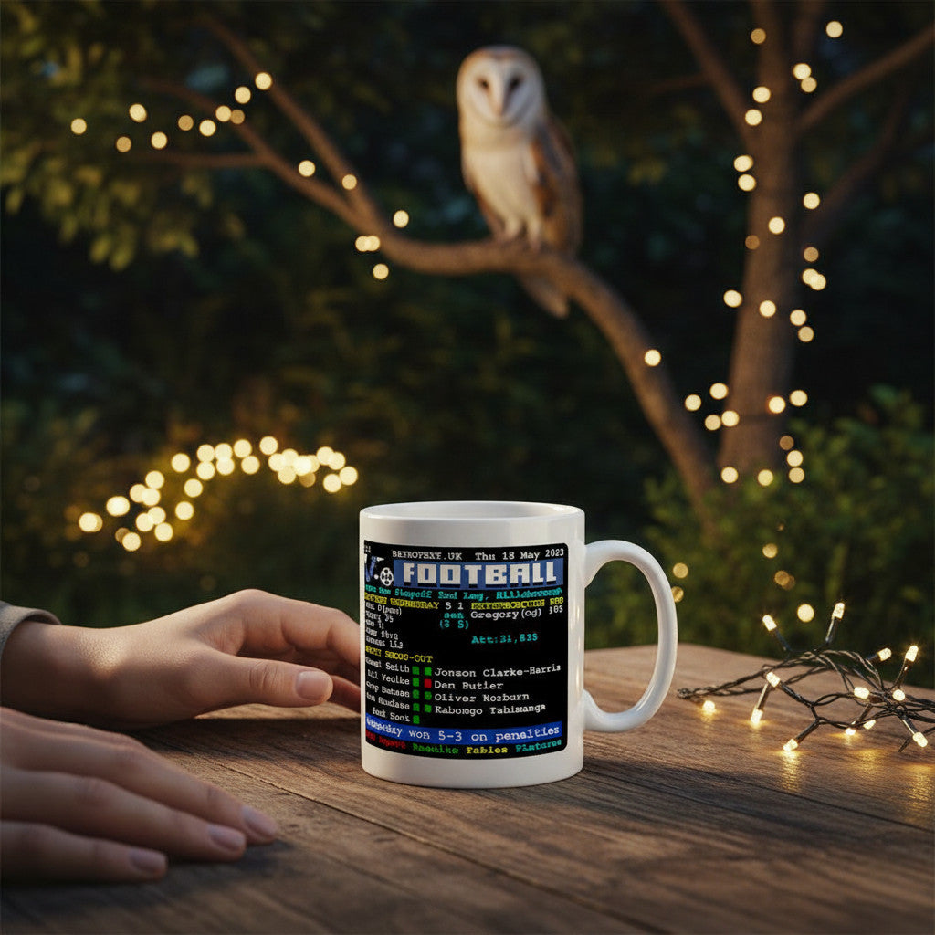 Retrotext Sheffield Wednesday 2023 playoff winners teletext mug on a wooden table with a barn owl in the background