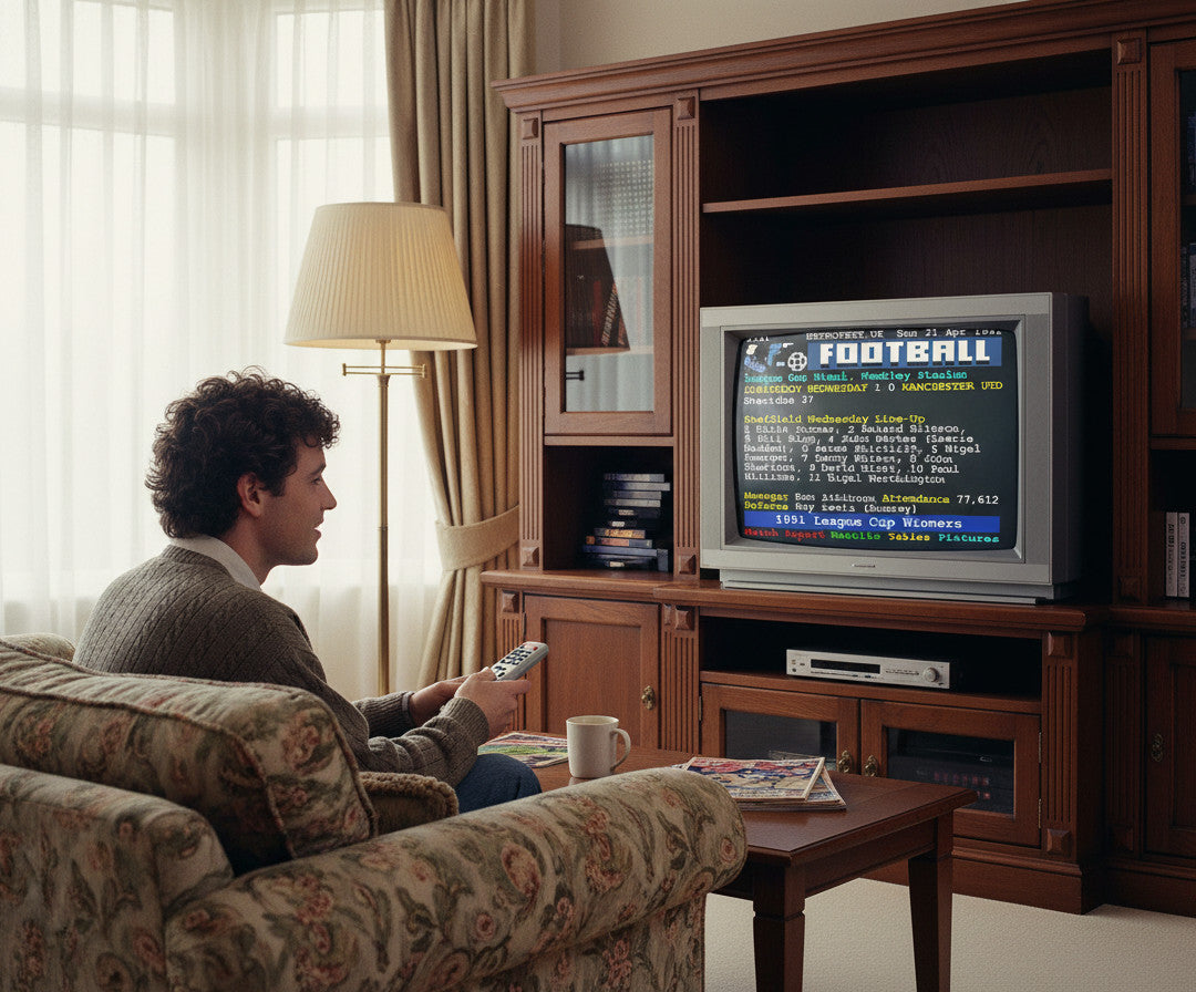 Retrotext Sheffield Wednesday 1991 League Cup Winners Teletext mug on a wooden coffee table in a cozy living room