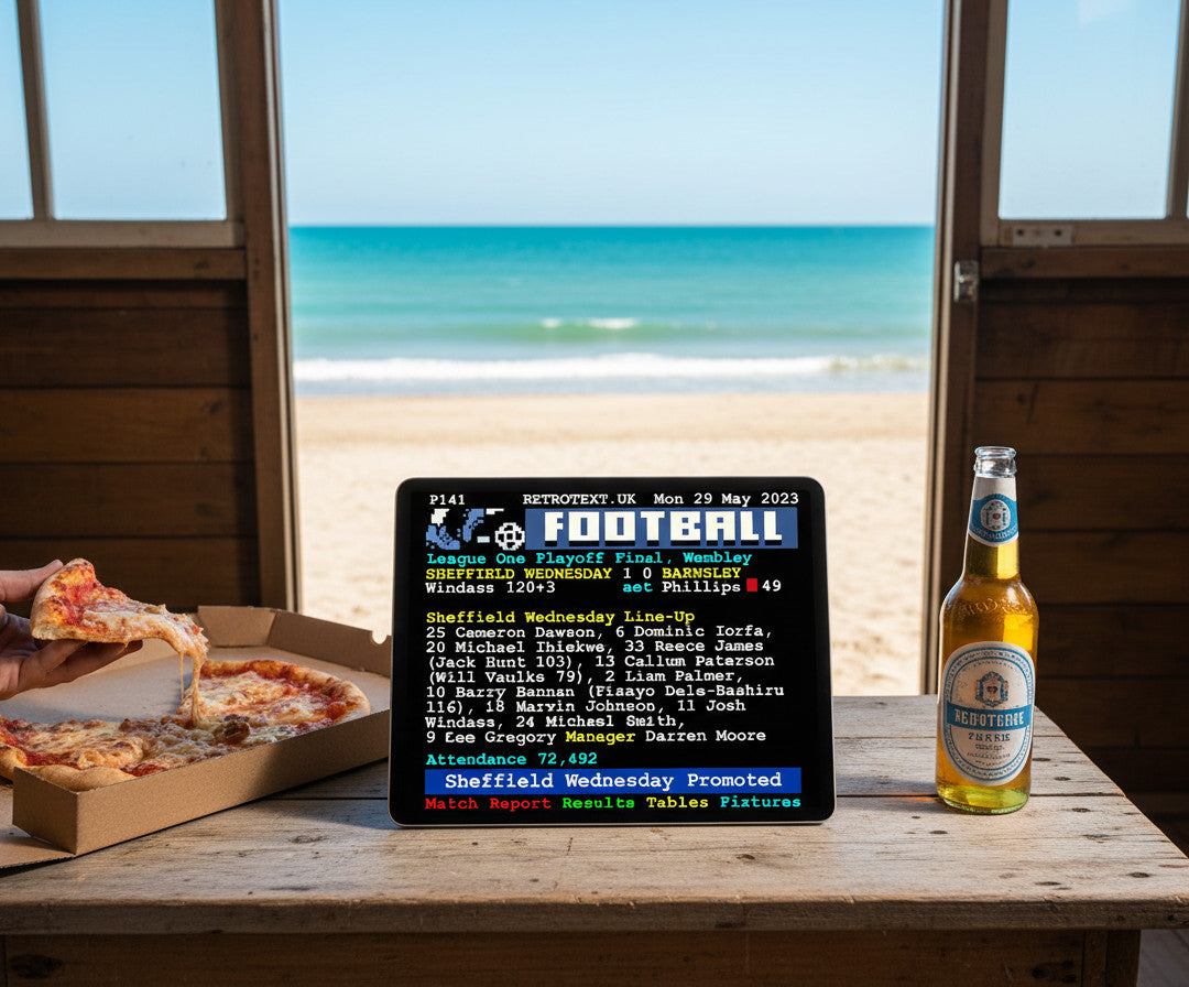Retrotext Sheffield Wednesday 2023 Playoff Final Winners Teletext mug on a wooden table with pizza and a beer