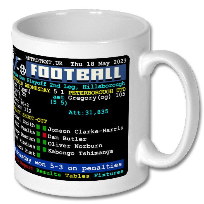 Retrotext Sheffield Wednesday 2023 playoff semi-final winners glossy white 11oz ceramic mug with teletext design