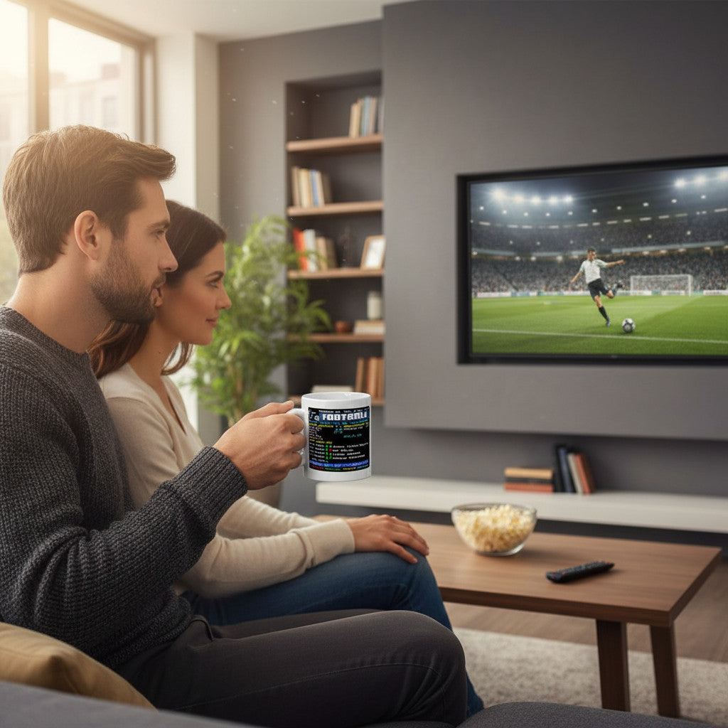 Retrotext Sheffield Wednesday 2023 Playoff Final Winners Teletext mug held by a couple watching football on TV