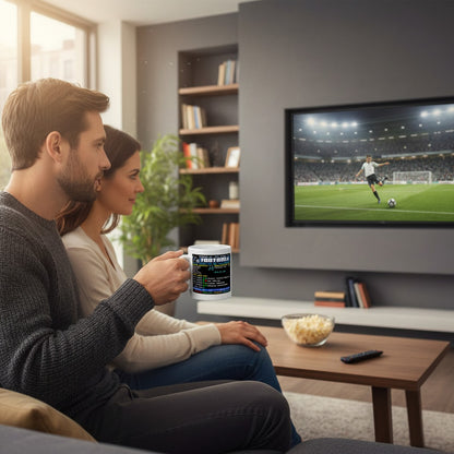 Retrotext Sheffield Wednesday 2023 Playoff Final Winners Teletext mug held by a couple watching football on TV