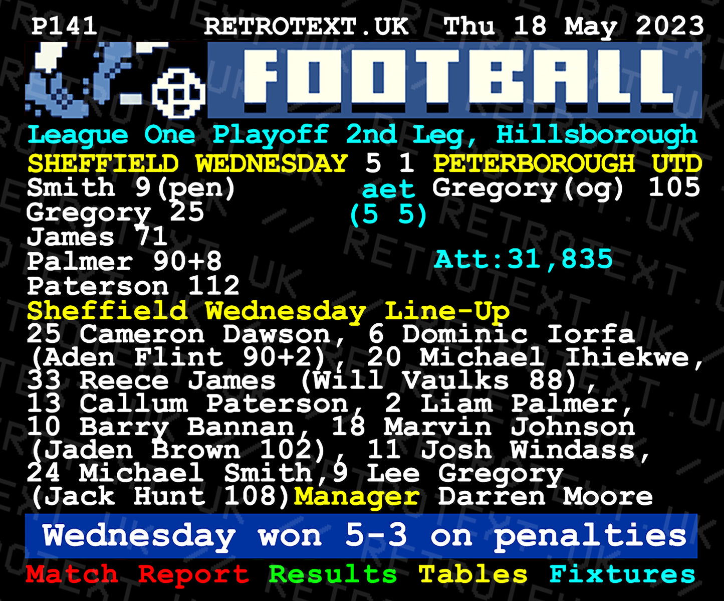 Retrotext Sheffield Wednesday 2023 playoff semi-final winners mug featuring a vintage teletext football score design.