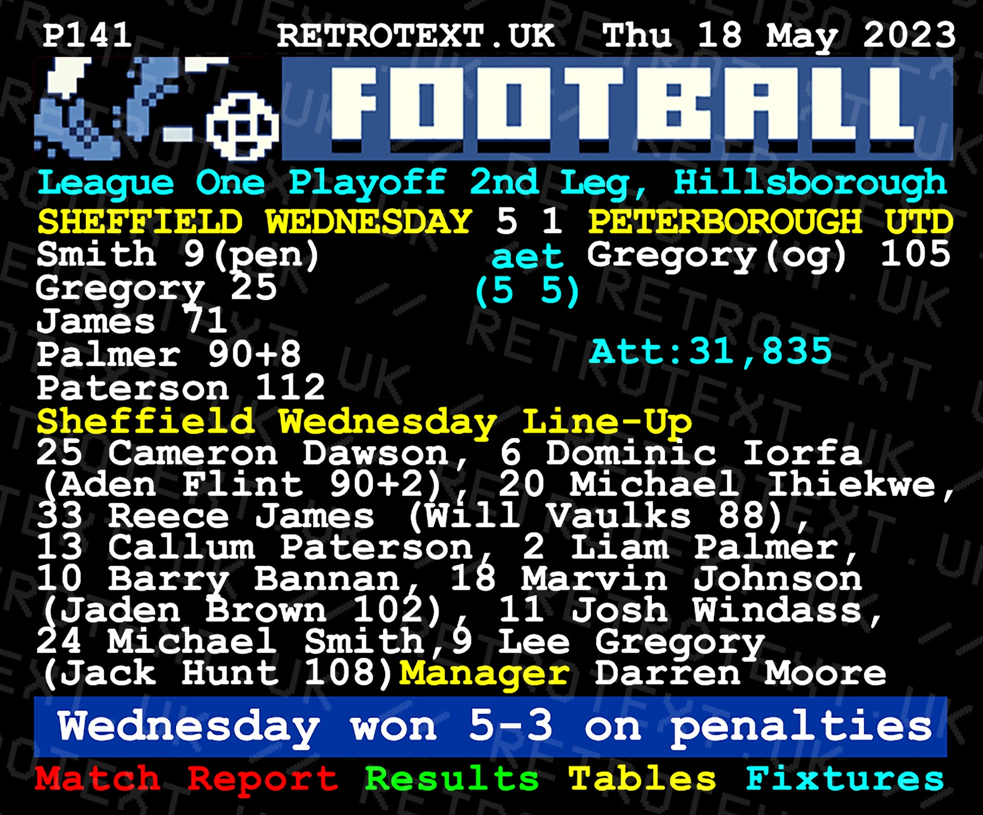 Retrotext Sheffield Wednesday 2023 playoff semi-final winners mug featuring a vintage teletext football score design.