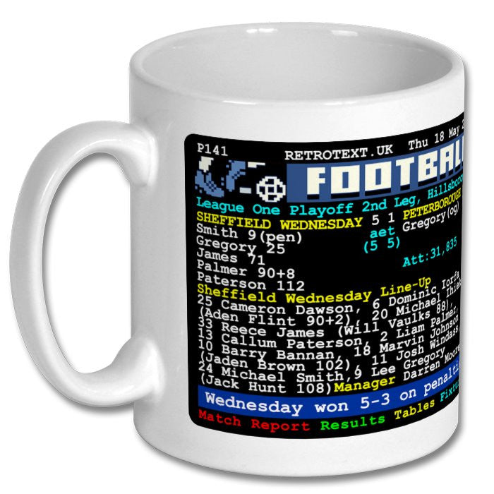 Retrotext Sheffield Wednesday 2023 playoff semi-final winners glossy white 11oz ceramic mug with teletext design