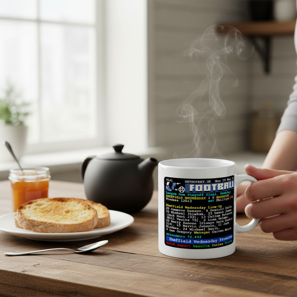 Retrotext Sheffield Wednesday 2023 Playoff Final winners ceramic mug with teletext-style match report design