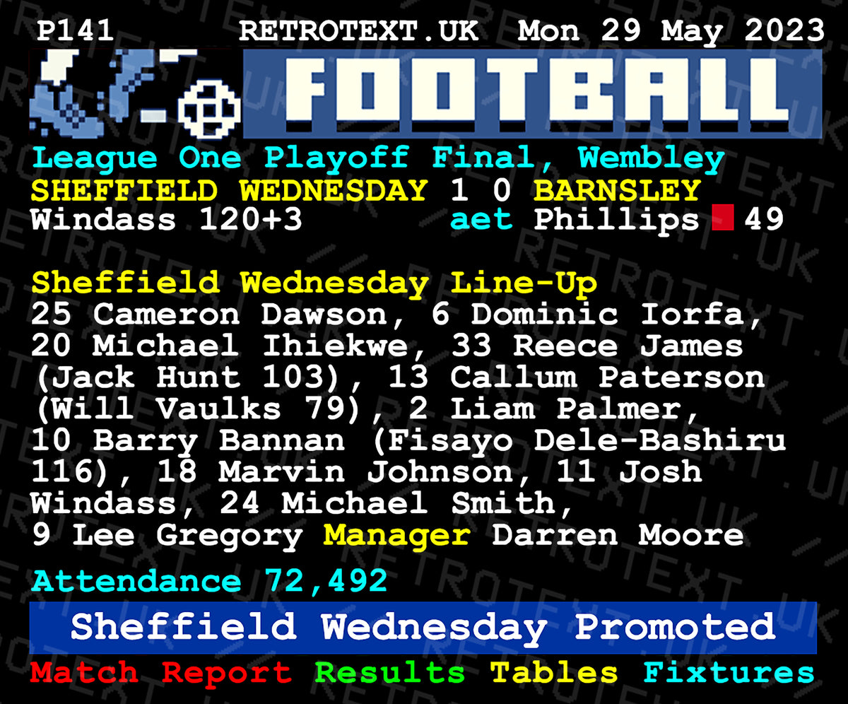 Retrotext Sheffield Wednesday 2023 Playoff Final winners mug featuring a vintage teletext match report design
