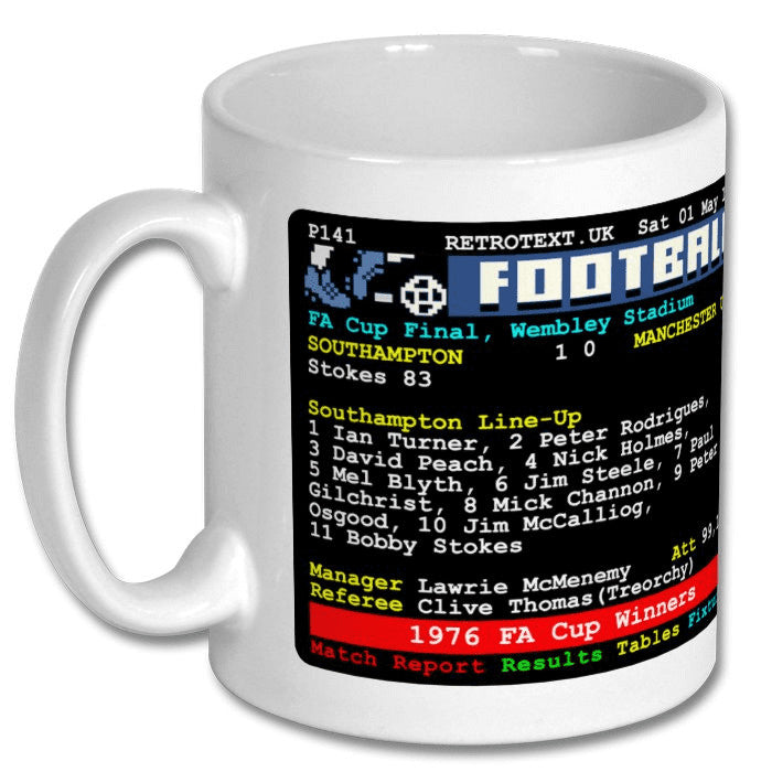 Retrotext Southampton 1976 FA Cup winners ceramic mug featuring a nostalgic teletext football match report design.