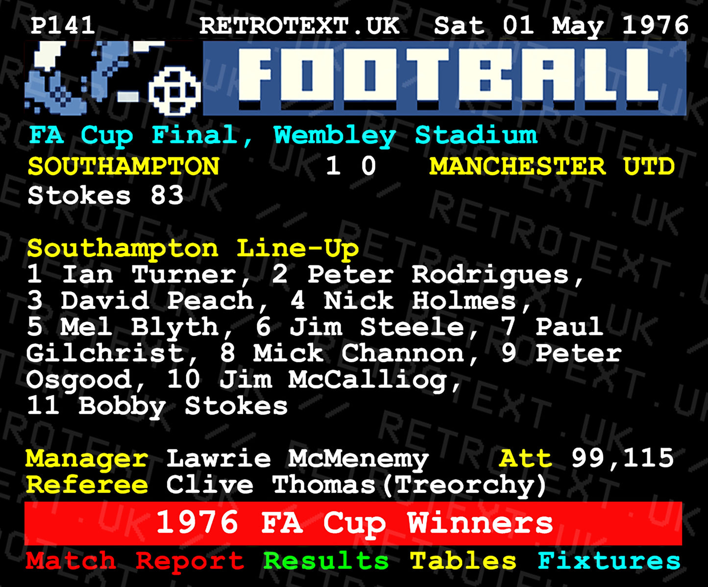 Retrotext Southampton 1976 FA Cup Winners ceramic mug featuring a nostalgic teletext match report design
