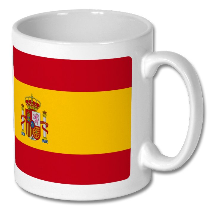 Retrotext 11oz glossy white ceramic mug featuring the Spain national flag design commemorating the 2010 World Cup win.