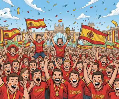 Retrotext 11oz glossy white mug featuring a vibrant illustration of Spanish football fans celebrating the 2010 win.