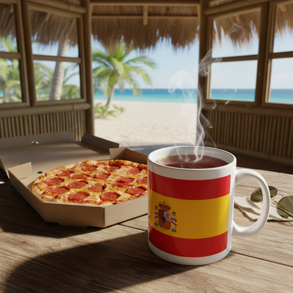 Retrotext 11oz glossy white mug featuring the Spain 2010 World Cup flag design, sitting on a table with pizza.
