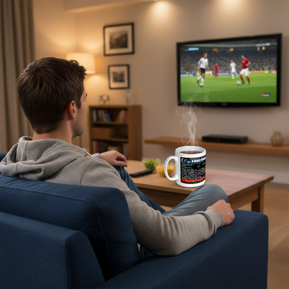 Retrotext 11oz glossy white mug featuring 2010 Spain World Cup teletext design held by a man watching football on TV