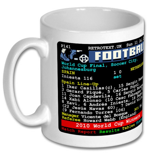 Retrotext 11oz glossy white ceramic mug featuring a 2010 Spain World Cup final teletext match report design