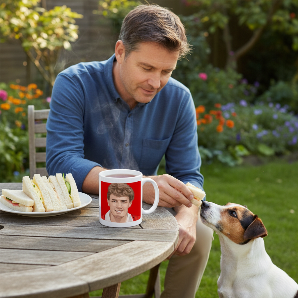 Retrotext Manchester United Steve Bruce 1993 Premier League mug held by a man feeding his dog in a garden setting