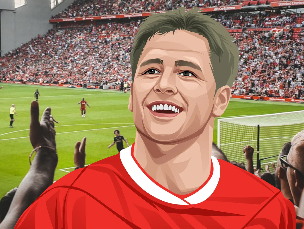 Retrotext Liverpool 2001 FA Cup Steven Gerrard mug featuring a nostalgic teletext-style illustration of the legend.