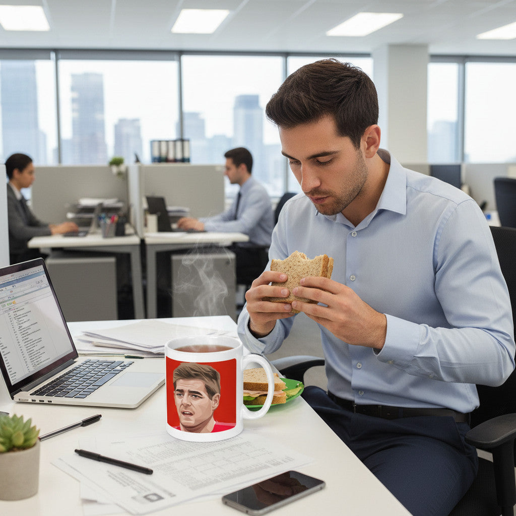 Retrotext 11oz glossy white mug featuring a Steven Gerrard 2006 FA Cup graphic on a desk in a modern office setting.