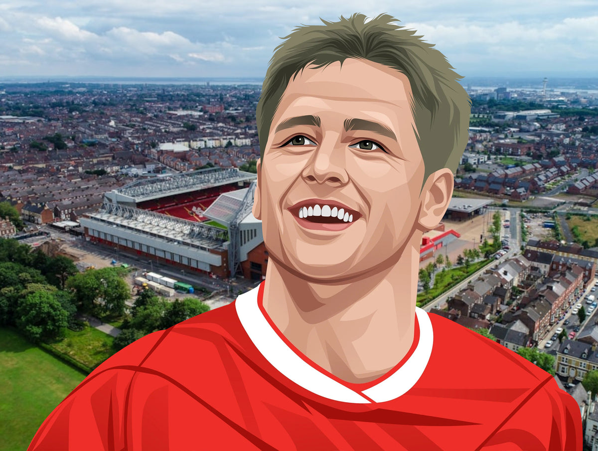 Retrotext Liverpool 2003 League Cup winners mug featuring a vibrant illustration of Steven Gerrard in a red kit