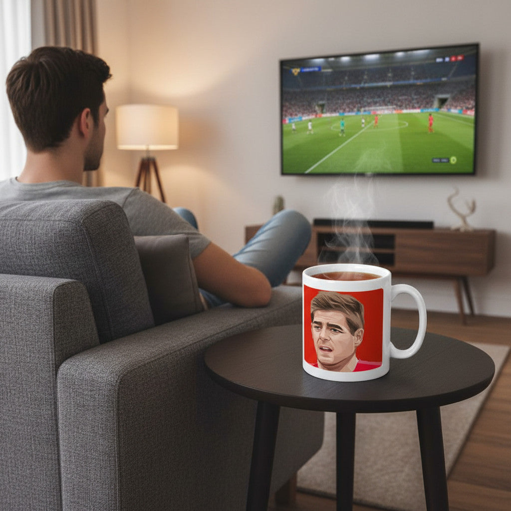 Retrotext Liverpool 2001 FA Cup Steven Gerrard mug on a side table with a man watching football in the background