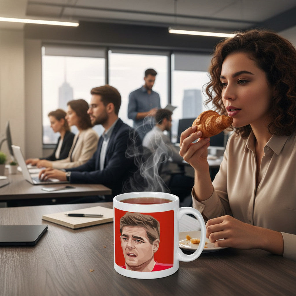 Retrotext Liverpool 2001 UEFA Cup Steven Gerrard mug on an office desk with a woman eating a croissant in the background