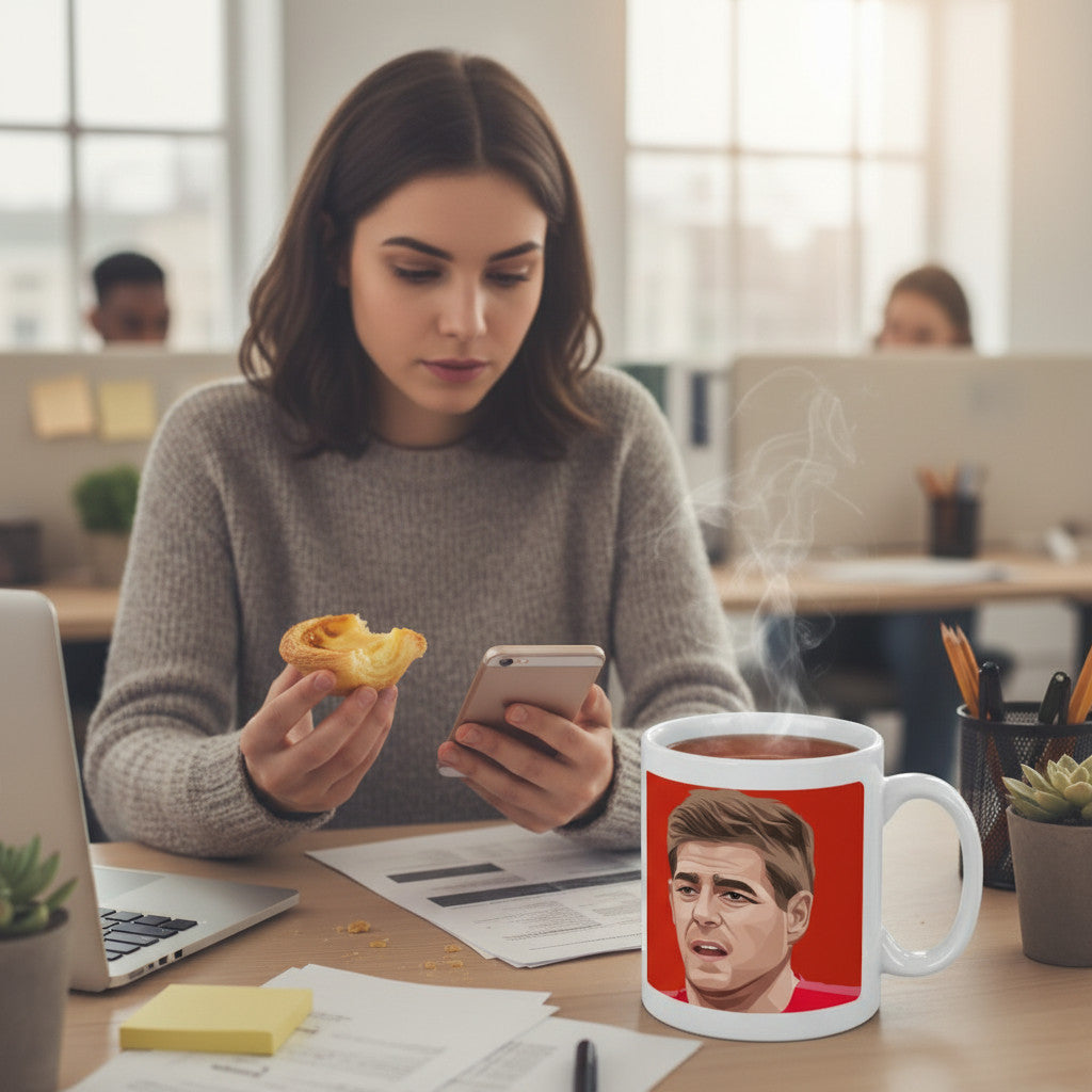 Retrotext ceramic mug featuring Steven Gerrard illustration on a desk next to a woman using a smartphone