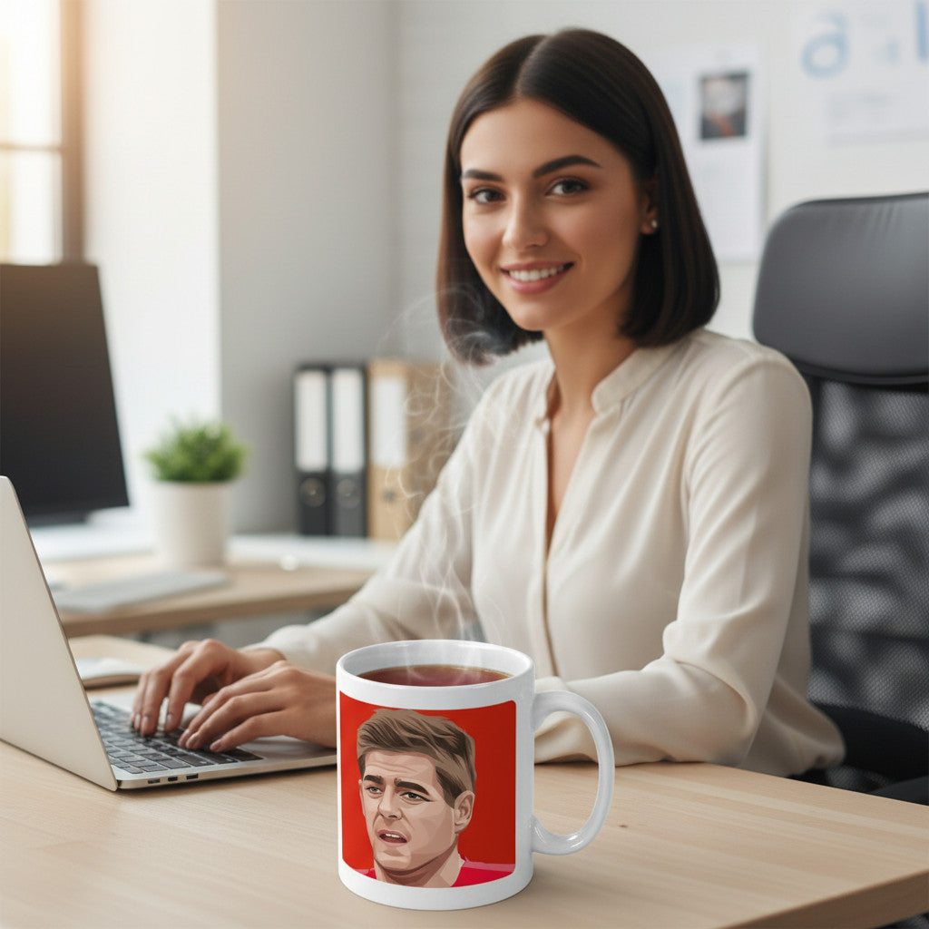 Retrotext mug featuring a Steven Gerrard illustration on a red background, held by a woman at an office desk.