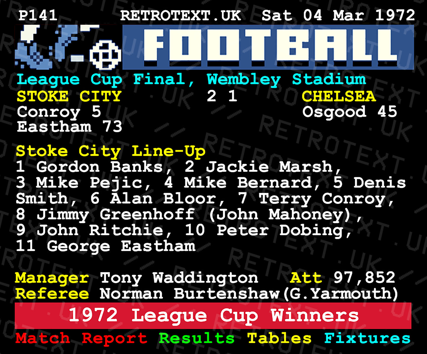 Retrotext Stoke City 1972 League Cup Winners ceramic mug featuring a vintage teletext football match report graphic.