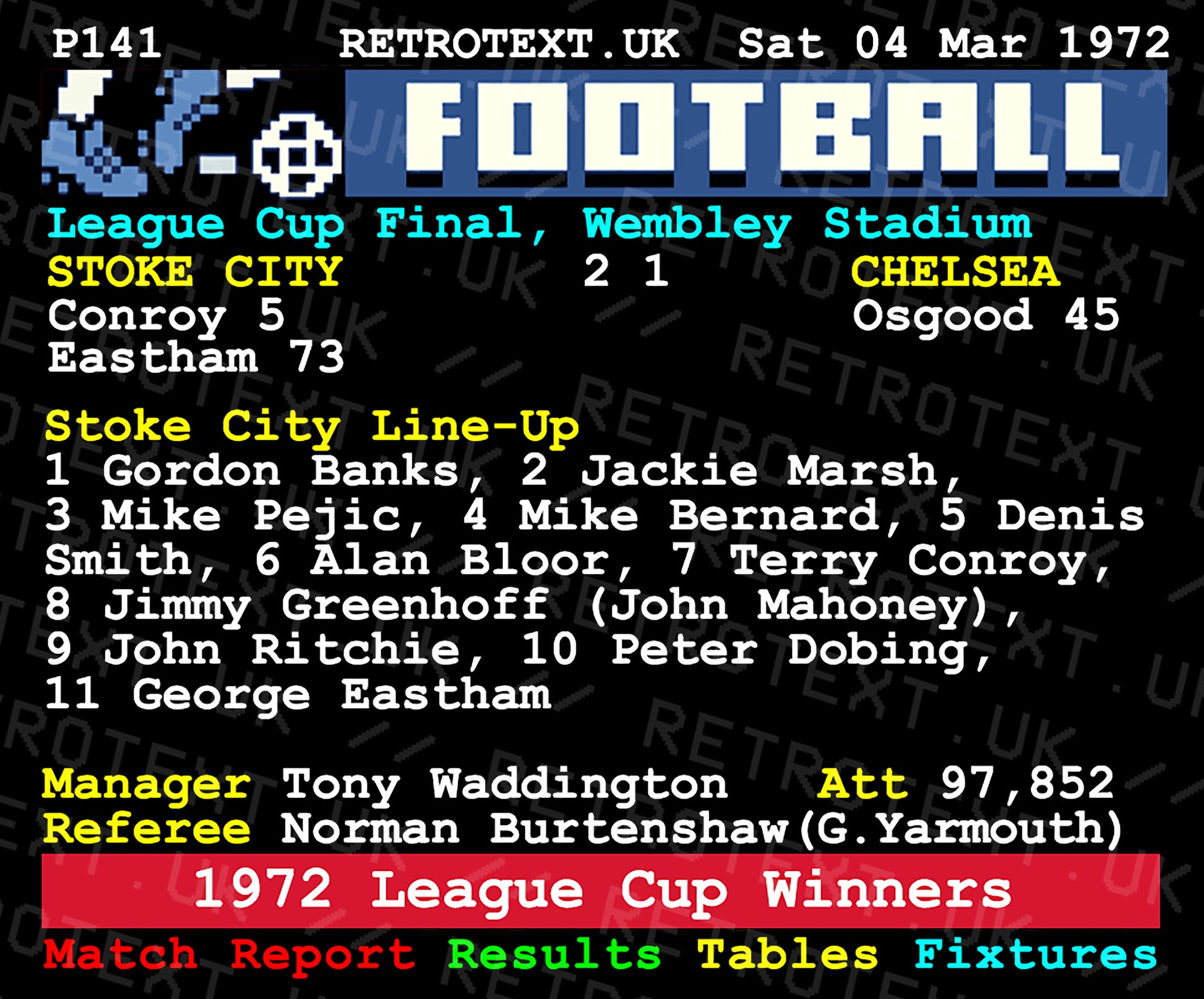 Retrotext Stoke City 1972 League Cup Winners ceramic mug featuring a vintage teletext football match report graphic.