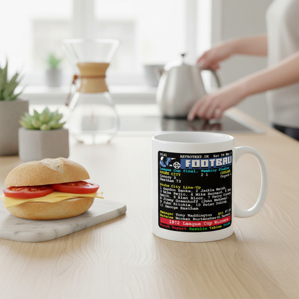 Retrotext Stoke City 1972 League Cup Winners ceramic mug featuring a vintage teletext football match report graphic.