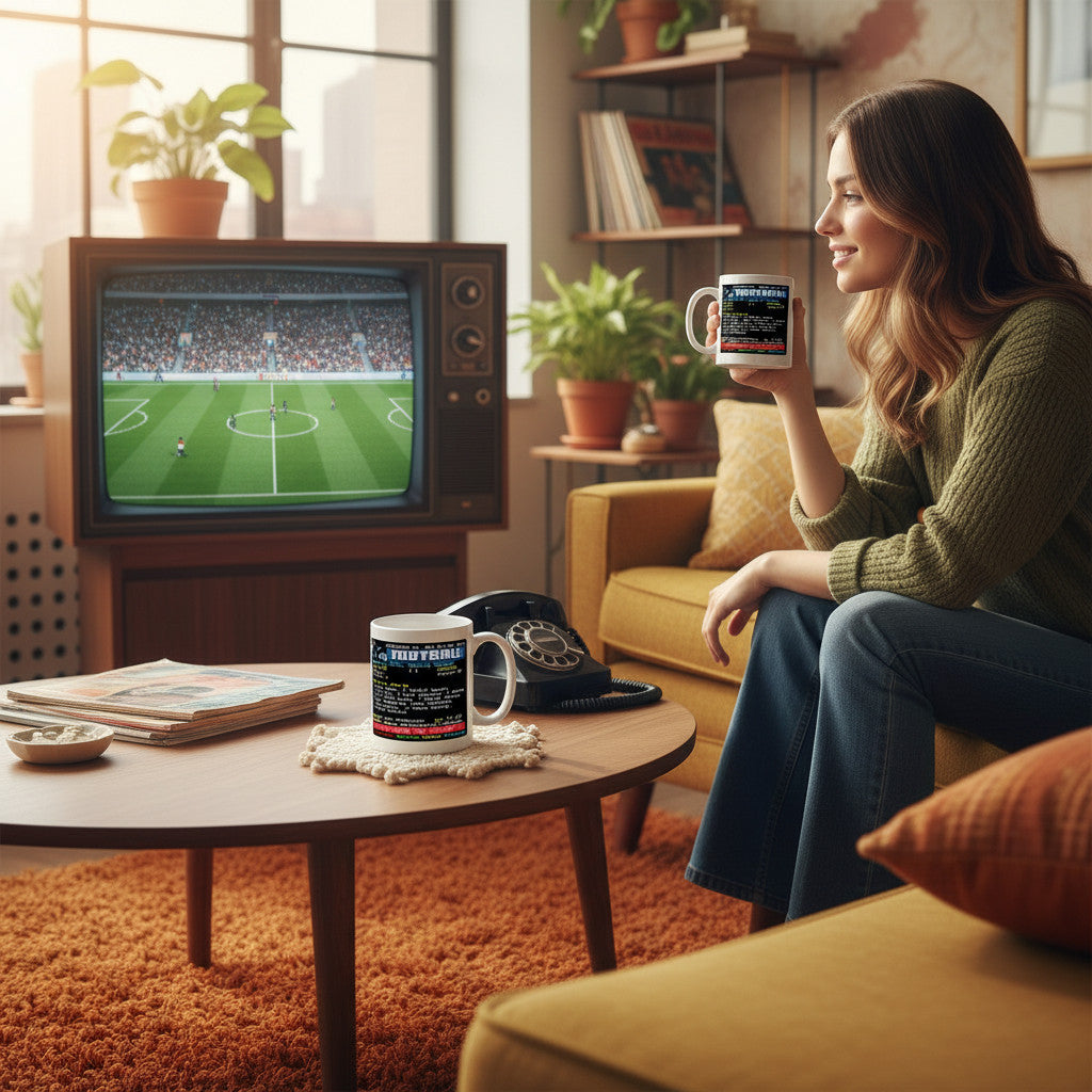 Retrotext Stoke City 1972 League Cup Winners ceramic mug with teletext graphic held by a woman in a cozy living room.
