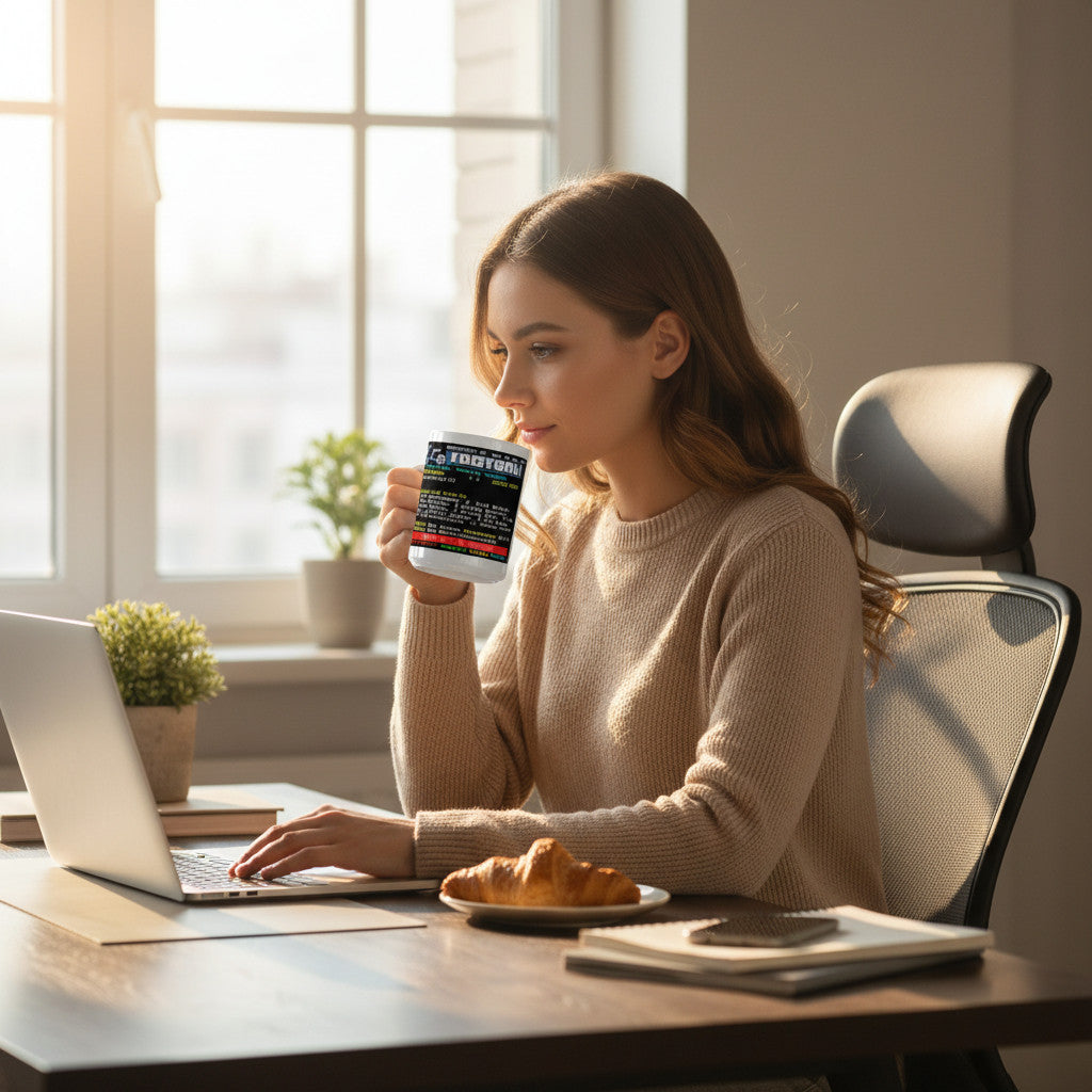 Woman in beige sweater holding a Retrotext Sunderland 1973 FA Cup Jim Montgomery teletext mug at a desk