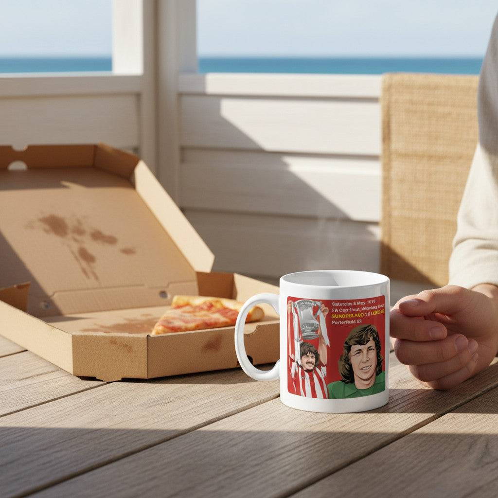 Retrotext white ceramic mug featuring Sunderland 1973 FA Cup winners Bobby Kerr and Jim Montgomery on a wooden table.