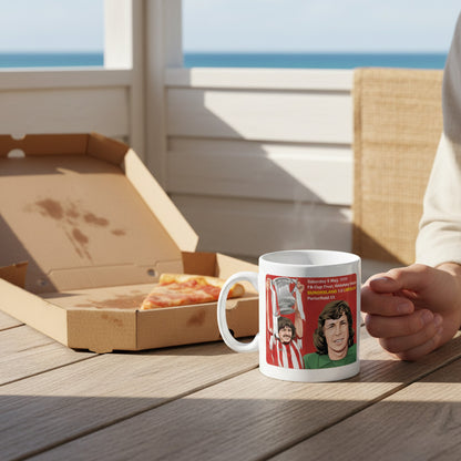 Retrotext white ceramic mug featuring Sunderland 1973 FA Cup winners Bobby Kerr and Jim Montgomery on a wooden table.