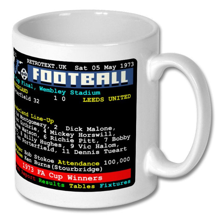 Retrotext Sunderland 1973 FA Cup Winners teletext style white ceramic mug featuring the historic match details