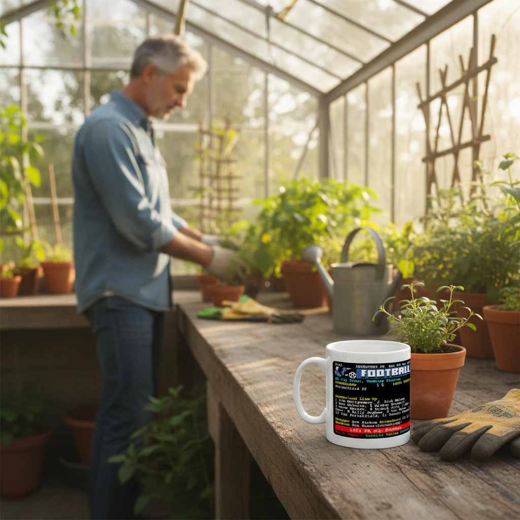 Retrotext 11oz glossy white mug featuring a 1973 FA Cup final teletext design, sitting on a wooden greenhouse bench.