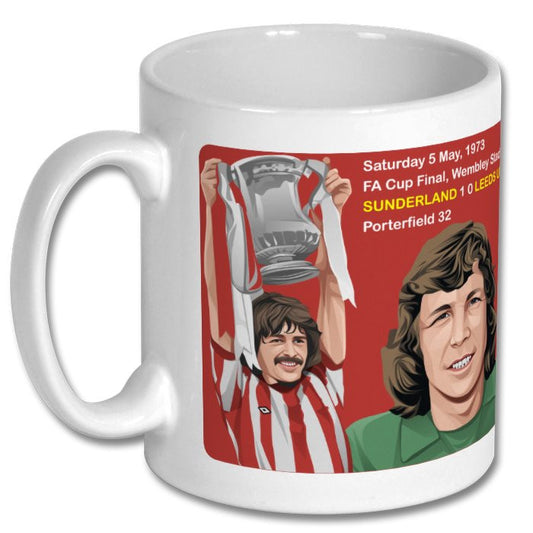 Retrotext white ceramic mug featuring a 1973 FA Cup final illustration of Bobby Kerr and Jim Montgomery