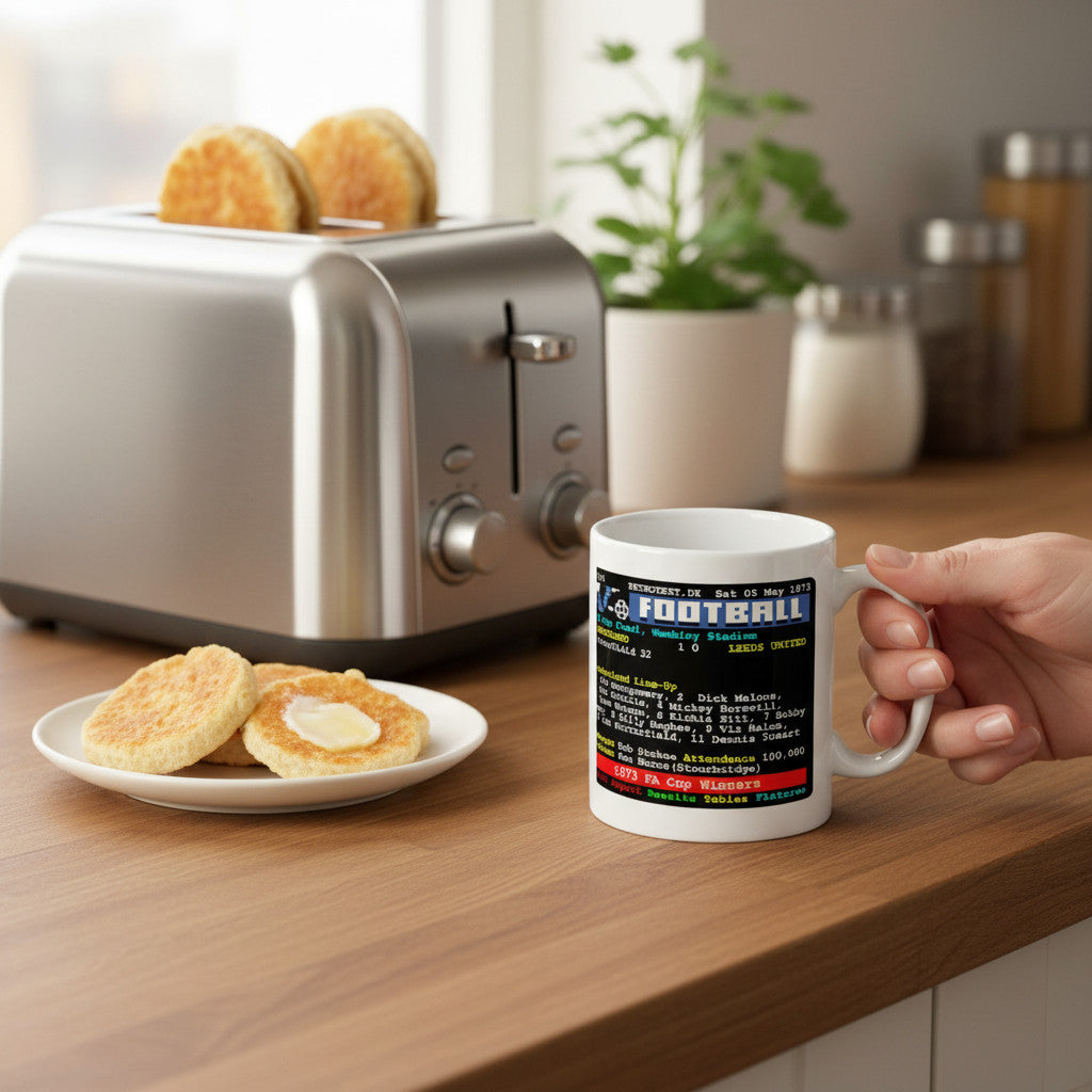 Retrotext white ceramic mug featuring 1973 Sunderland FA Cup final teletext score held in a kitchen setting